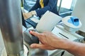 Biometric control of fingerprints in airport. Royalty Free Stock Photo