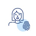 Biometric control system. Female user and fingerprint id. Pixel perfect, editable stroke