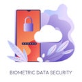 Biometric data security, smartphone with lock and foliage