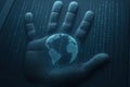 Biometric hand scanner with digital globe projection, symbolizing global security, technology innovation, and privacy protection Royalty Free Stock Photo