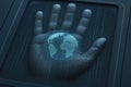 Biometric hand scanner with digital globe projection, symbolizing global security, technology innovation, and privacy protection Royalty Free Stock Photo