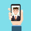 Biometric identification, face recognition system concept. smartphone in hand.