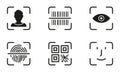 Biometric Identification by Finger Print, Eye Recognize, Touch ID Line Icon Set. Scan QR Code, Barcode Technology