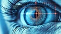 Biometric optical technology visualized with a futuristic holographic data patterns. Generative AI