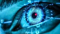 Biometric optical technology visualized with a futuristic holographic data patterns. Generative AI