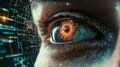 Biometric optical technology visualized with a futuristic holographic data patterns. Generative AI