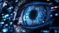 Biometric optical technology visualized with a futuristic holographic data patterns. Generative AI