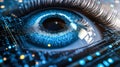 Biometric optical technology visualized with a futuristic holographic data patterns. Generative AI