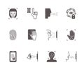 Biometric recognition system icons set. Face scanning, fingerprint palm identification opening lock by scanning retina