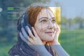 Biometric verification of a modern young woman. New technology of face recognition on polygonal grid Royalty Free Stock Photo