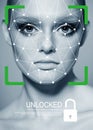 Biometric verification. Young woman. The concept of a technology of face recognition on polygonal grid Royalty Free Stock Photo