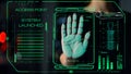 Biometrical palm system accessing user connection identifying hand print closeup