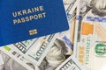 Biometrical Ukrainian passport over money background. Ukraine citizen travel documents lying on US one hundred dollar banknotes. V Royalty Free Stock Photo