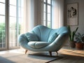 Biomorphic upholstered single seater sofa with texture in very light blue colors for an architecture room. Royalty Free Stock Photo