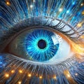 A bionic eye with a glowing blue iris, interlaced metallic filaments, and a digital circuitry pattern, symbolizing a portal to Royalty Free Stock Photo