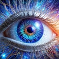 A bionic eye with a glowing blue iris, interlaced metallic filaments, and a digital circuitry pattern, symbolizing a portal to Royalty Free Stock Photo