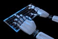 Bionic hands typing on keyboard. Robotic arm cyborg using computer. 3d render illustration. Bionics technology concept