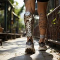 Bionic leg prosthesis on male legs. Disability with the musculoskeletal system. Motion recovery technology. New technological leg Royalty Free Stock Photo