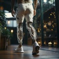 Bionic leg prosthesis on male legs. Disability with the musculoskeletal system. Motion recovery technology. New technological leg Royalty Free Stock Photo