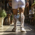 Bionic leg prosthesis on male legs. Disability with the musculoskeletal system. Motion recovery technology. New technological leg Royalty Free Stock Photo