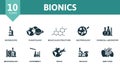 Bionics icon set. Monochrome simple Bionics icon collection. Microscope, Planetology, Molecular Structure, Bacteriology