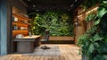 A biophilic design workspace integrating living green walls, wood and stone textures, and nature-inspired stationery Royalty Free Stock Photo