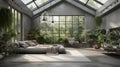 Biophilic interior design of a modern living room with big windows, enhanced by AI-generated, neural element