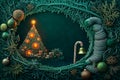 Biopunk vine oval frame featuring an organic design with a glowing Christmas tree Royalty Free Stock Photo
