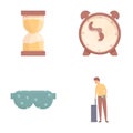 Biorhythm change icons set cartoon vector. Young man tired after air travel Royalty Free Stock Photo
