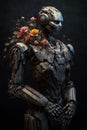 Biorobot decorated with a flowers. AI generated Royalty Free Stock Photo