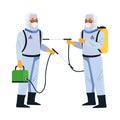 Biosafety workers with sprayers portables