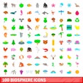 100 biosphere icons set, cartoon style