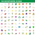 100 biosphere icons set, cartoon style