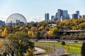 Biosphere & Montreal Skyline from Jacques-Cartier Bridge in the autumn season Royalty Free Stock Photo