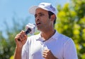 Biotech Entrepreneur and Republican Presidential Candidate Vivek Ramaswamy Speaking at the Iowa State Fair in Des Moines, Iowa,