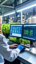 Biotech scientist analyzing plant data in advanced hydroponic farm environment Royalty Free Stock Photo