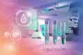 Biotechnology college background or texture - test tubes and microscope in clinic - colorful conceptual medical 3D illustration Royalty Free Stock Photo