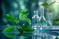 Biotechnology concept with green plant leaves, laboratory glassware, and conducting research Royalty Free Stock Photo