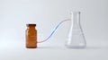 Biotechnology Data Transfer: Amber Vial and Flask Connected by Glowing Fiber Optic Cable with Molecular Formulas Royalty Free Stock Photo