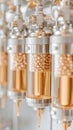 Biotechnology laboratory equipment processing golden liquid samples in clear tubes with small spheres. Royalty Free Stock Photo