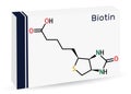 Biotin molecule. Vitamin B7, found in many multivitamin products Skeletal chemical formula. Paper packaging for drugs. Vector