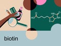 Biotin, vitamin B7 chemical formula.Vector infographic illustration with icons.Nutrition for hair loss prevention and treatment.