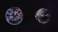 Abstract planet and virus cell floating side by side over black background.