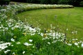 Annual flowerbed in the shape of an arch with purple and white yellow flowers bordered by a low fence of metal gray fittings. land Royalty Free Stock Photo