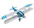 Biplane with blue and white coating. Model aircraft propeller with two wings.