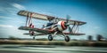 Biplane coming in for landing at airport Royalty Free Stock Photo
