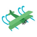 Biplane icon isometric vector. Green single rotor biplane flying in air flow