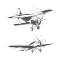 Biplane and monoplane aircrafts for vintage emblems, badges logos vector set Royalty Free Stock Photo