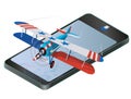 Biplane from World War on mobile phone with colors of flag of United States.