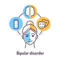 Bipolar disorder color line icon on blue and yellow background. Insane person